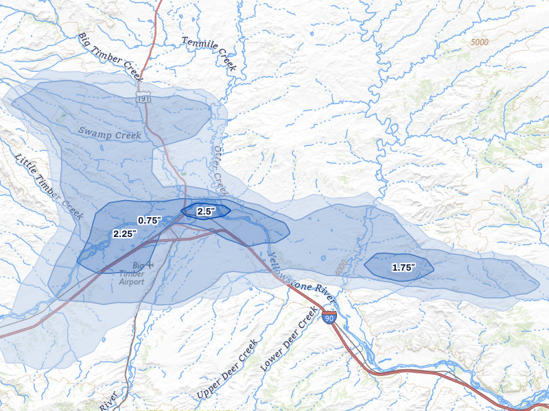 NEXRAD radar-signature map of the hail storm over Big Timber, MT on Jul 25, 2026