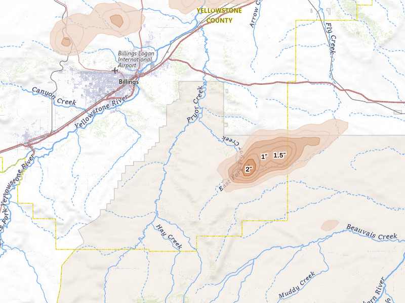 Radar-estimated hail-size map of the storm over Billings, MT on Jul 15, 2026