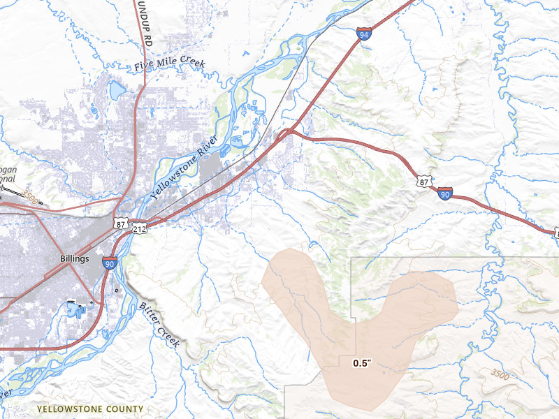 Radar-estimated hail-size map of the storm over Billings, MT on Aug 27, 2026