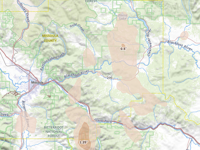 Radar-estimated hail-size map of the storm over Bonner, MT on May 28, 2026
