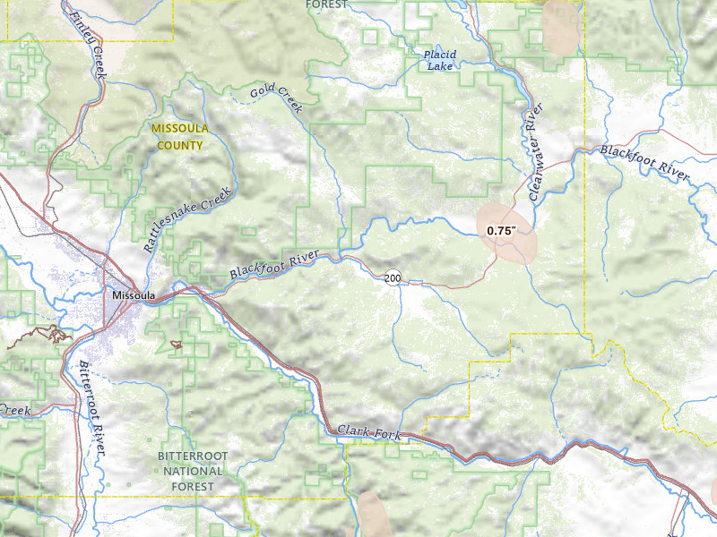 Radar-estimated hail-size map of the storm over Bonner, MT on Jul 17, 2026