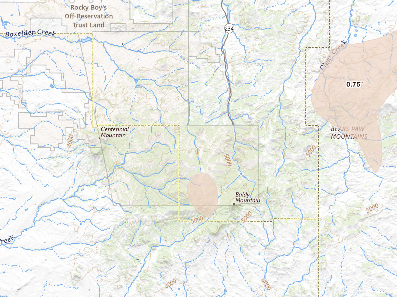 Radar-estimated hail-size map of the storm over Box Elder, MT on May 29, 2026