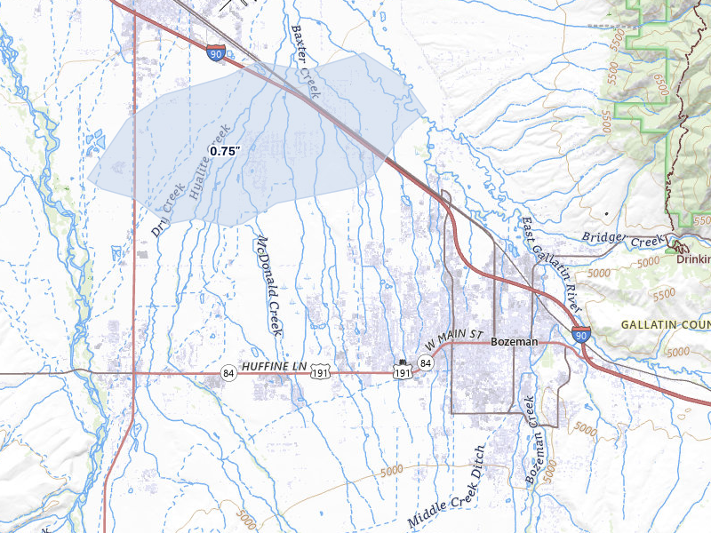 NEXRAD radar-signature map of the hail storm over Bozeman, MT on May 27, 2026