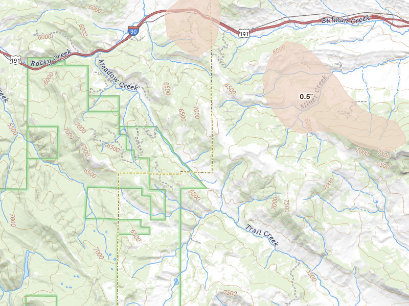 Radar-estimated hail-size map of the storm over Bozeman, MT on Jul 8, 2026