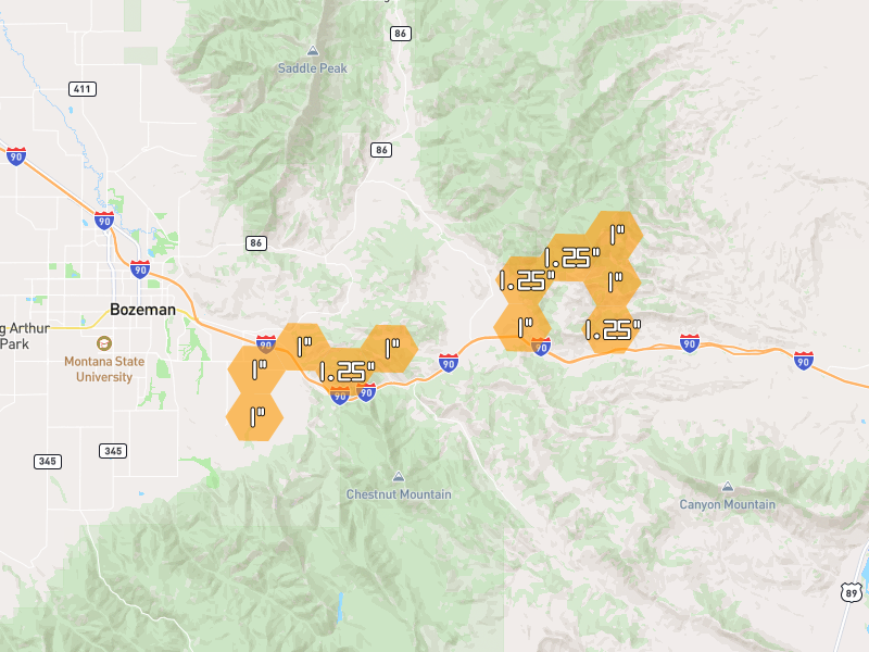 Hail map of Bozeman, MT on Jul 25, 2026, hail up to 1.25"