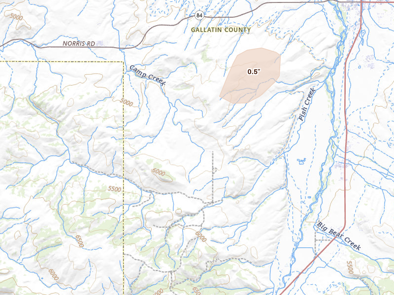 Radar-estimated hail-size map of the storm over Bozeman, MT on Aug 23, 2026