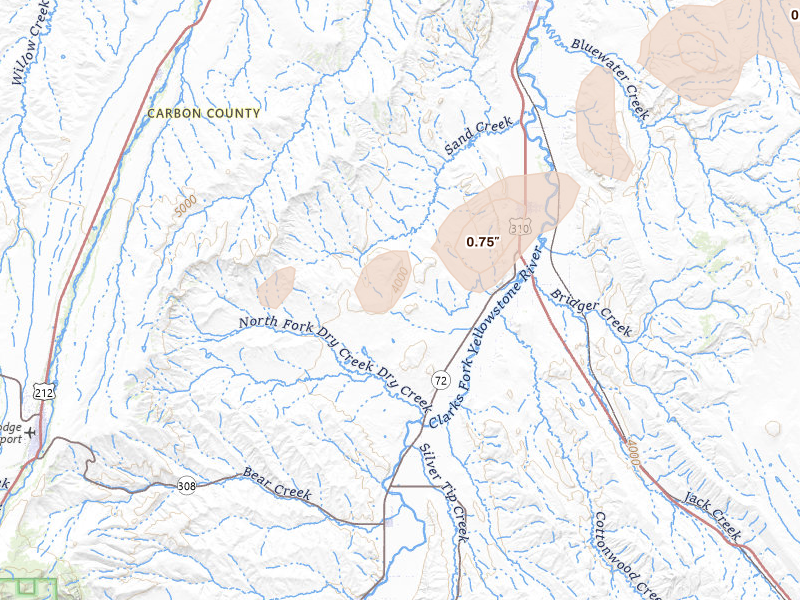 Radar-estimated hail-size map of the storm over Bridger, MT on Jun 27, 2026