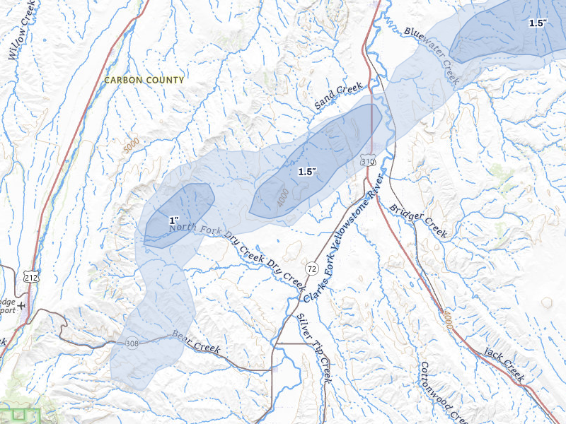 NEXRAD radar-signature map of the hail storm over Bridger, MT on Jun 27, 2026