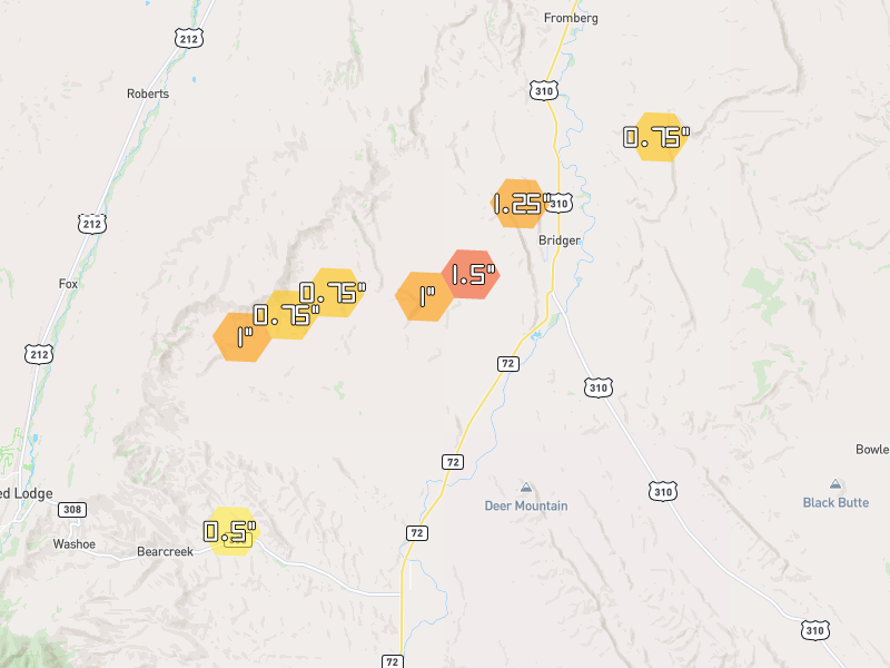 Hail map of Bridger, MT on Jun 27, 2026, hail up to 1.5"
