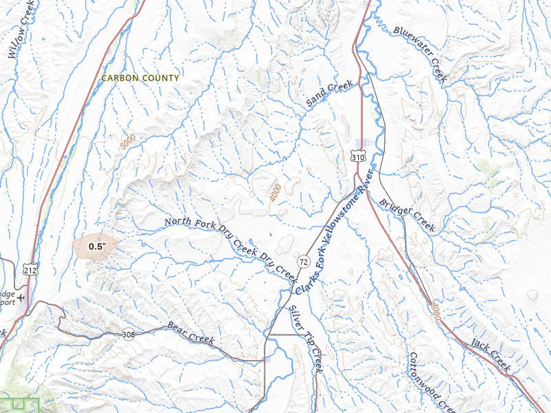 Radar-estimated hail-size map of the storm over Bridger, MT on Jul 8, 2026
