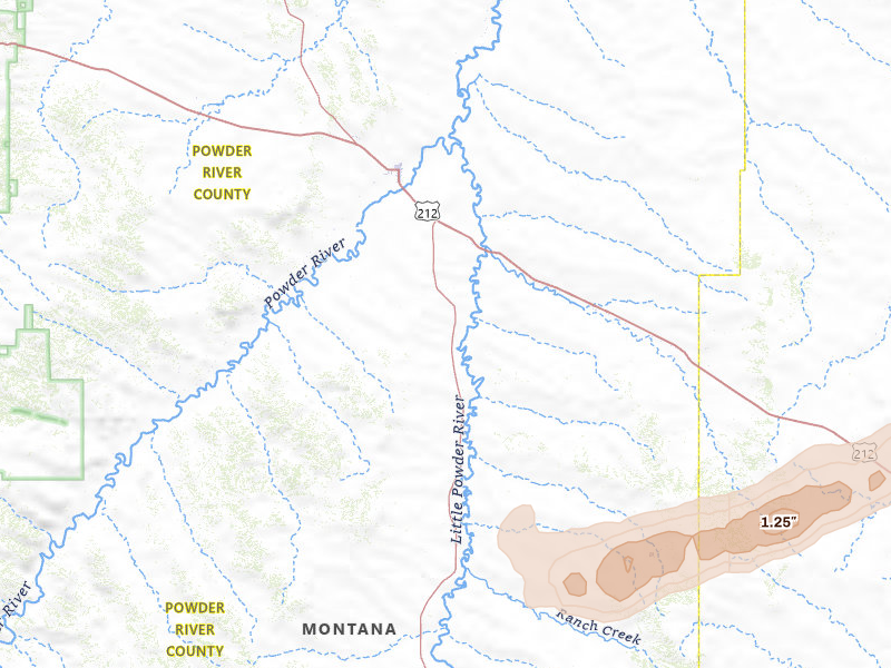 Radar-estimated hail-size map of the storm over Broadus, MT on Apr 13, 2026