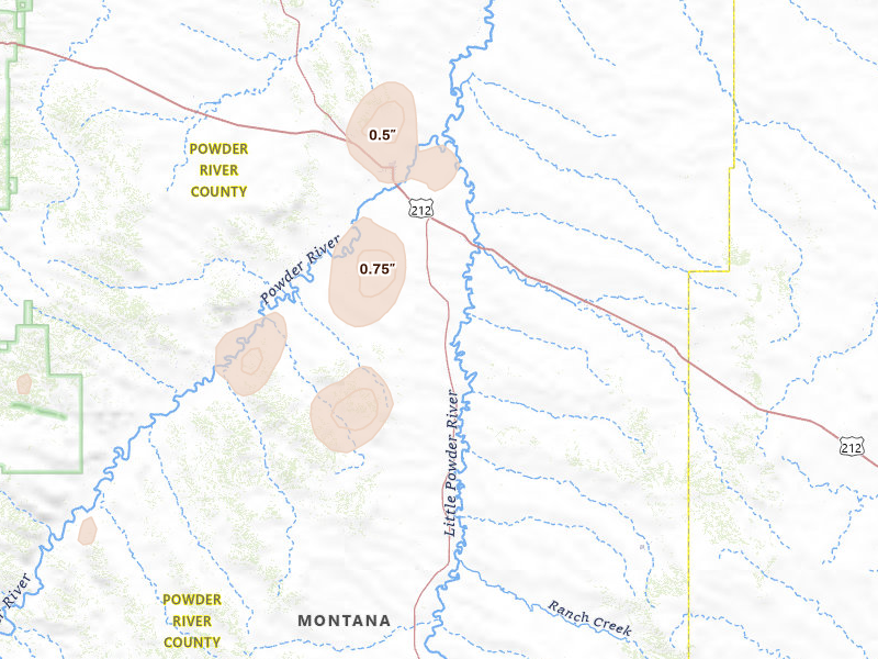 Radar-estimated hail-size map of the storm over Broadus, MT on May 30, 2026