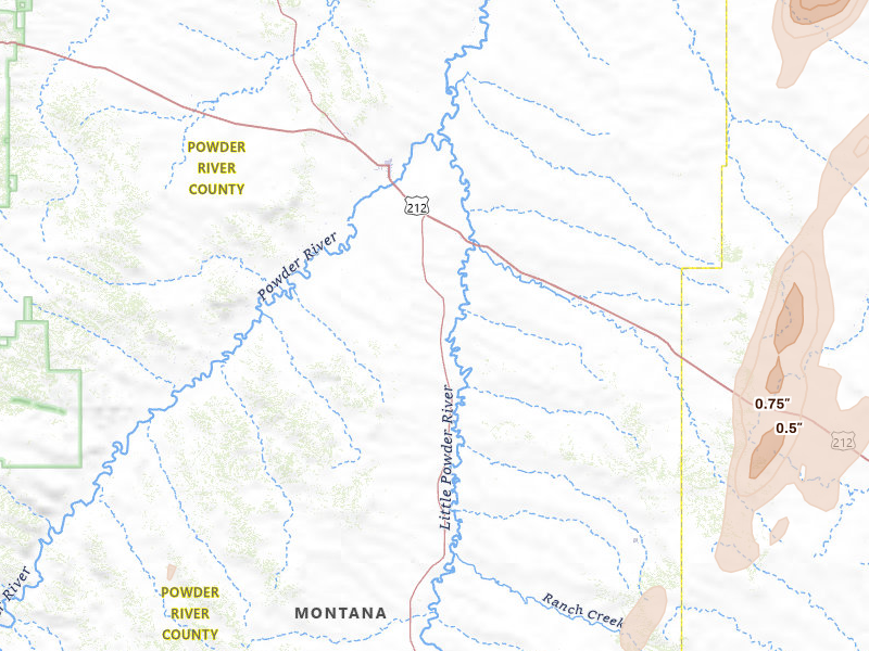 Radar-estimated hail-size map of the storm over Broadus, MT on Jun 2, 2026