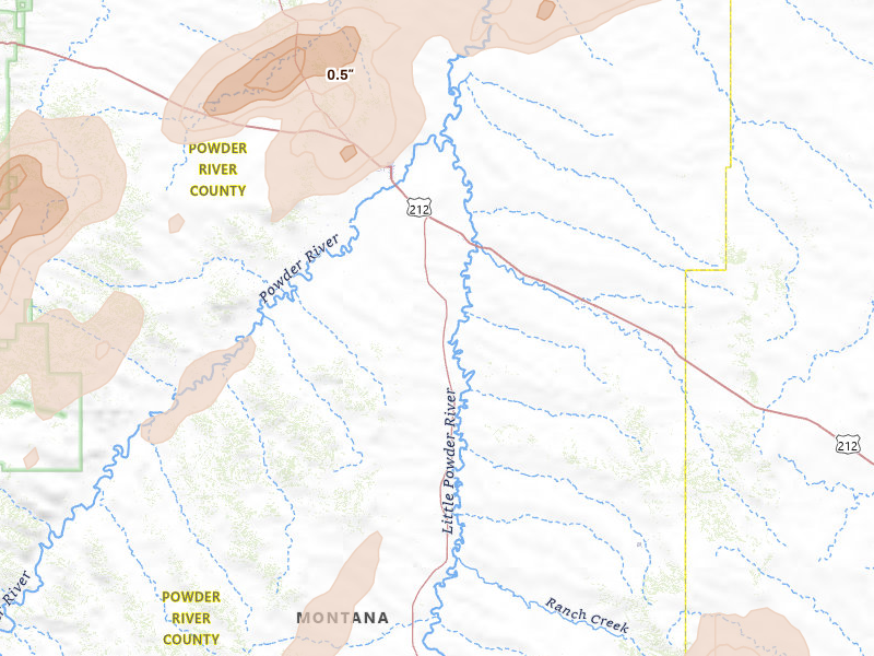 Radar-estimated hail-size map of the storm over Broadus, MT on Jun 7, 2026