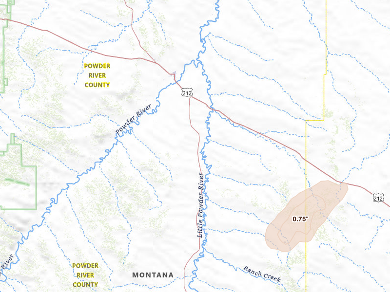Radar-estimated hail-size map of the storm over Broadus, MT on Jun 9, 2026