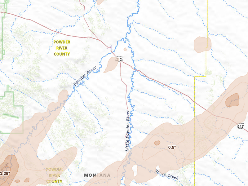 Radar-estimated hail-size map of the storm over Broadus, MT on Jun 27, 2026