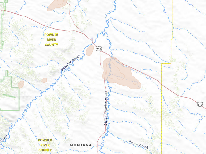 Radar-estimated hail-size map of the storm over Broadus, MT on Jul 7, 2026