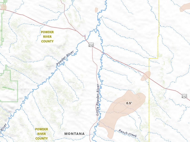 Radar-estimated hail-size map of the storm over Broadus, MT on Jul 8, 2026