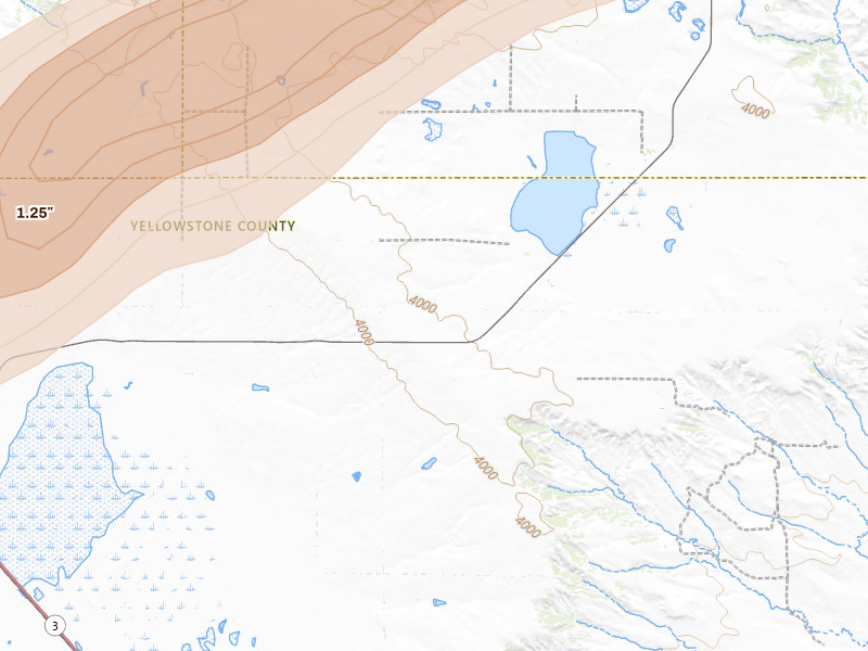 Radar-estimated hail-size map of the storm over Broadview, MT on Jul 7, 2026