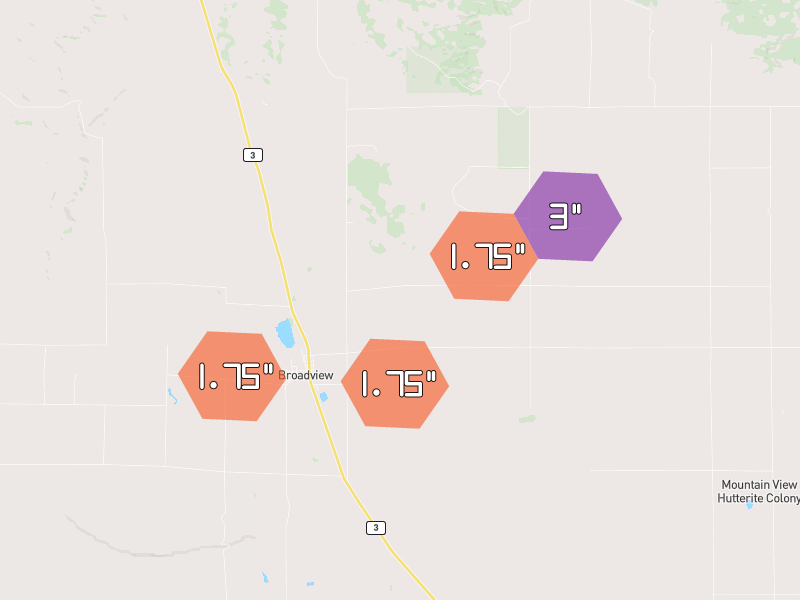 Hail map of Broadview, MT on Jul 7, 2026, hail up to 3"