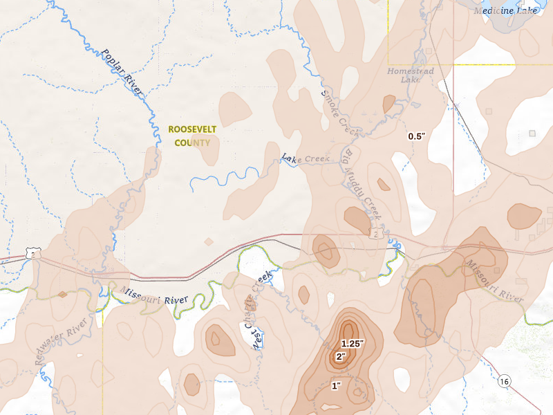 Radar-estimated hail-size map of the storm over Brockton, MT on Jun 6, 2026