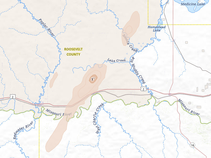 Radar-estimated hail-size map of the storm over Brockton, MT on Jun 7, 2026