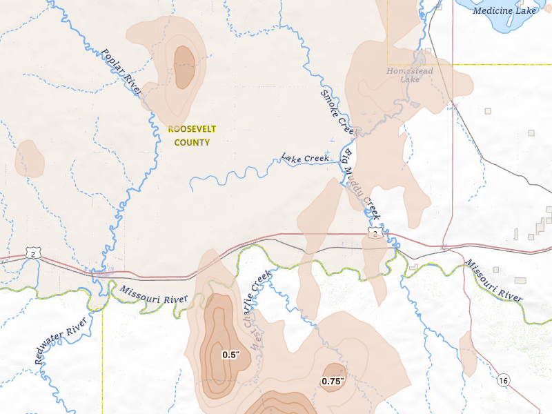 Radar-estimated hail-size map of the storm over Brockton, MT on Jun 27, 2026