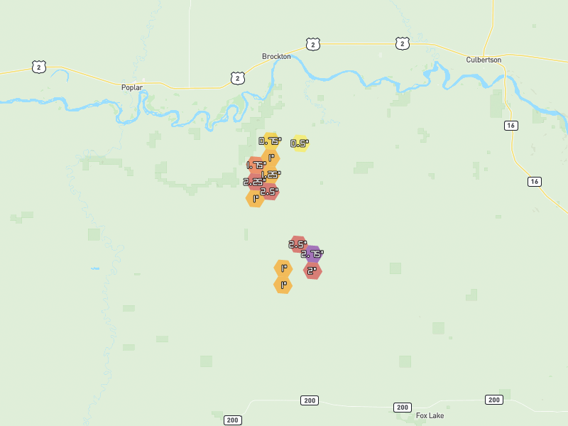 Hail map of Brockton, MT on Jun 27, 2026, hail up to 2.75"
