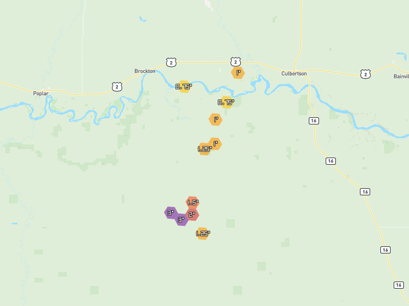 Hail map of Brockton, MT on Jun 28, 2026, hail up to 3"