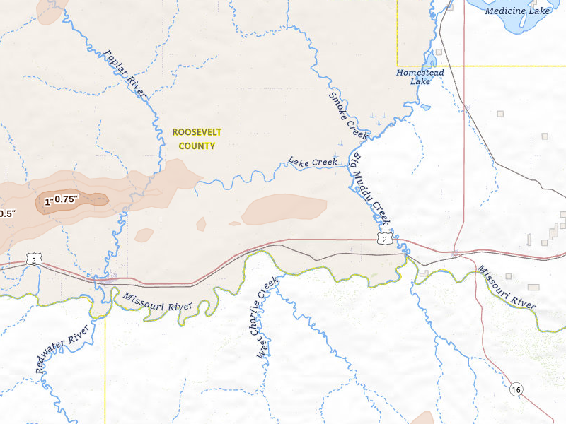 Radar-estimated hail-size map of the storm over Brockton, MT on Jul 2, 2026