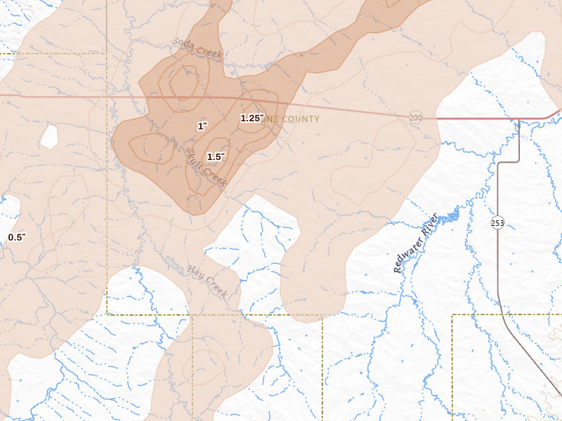 Radar-estimated hail-size map of the storm over Brockway, MT on Jun 6, 2026