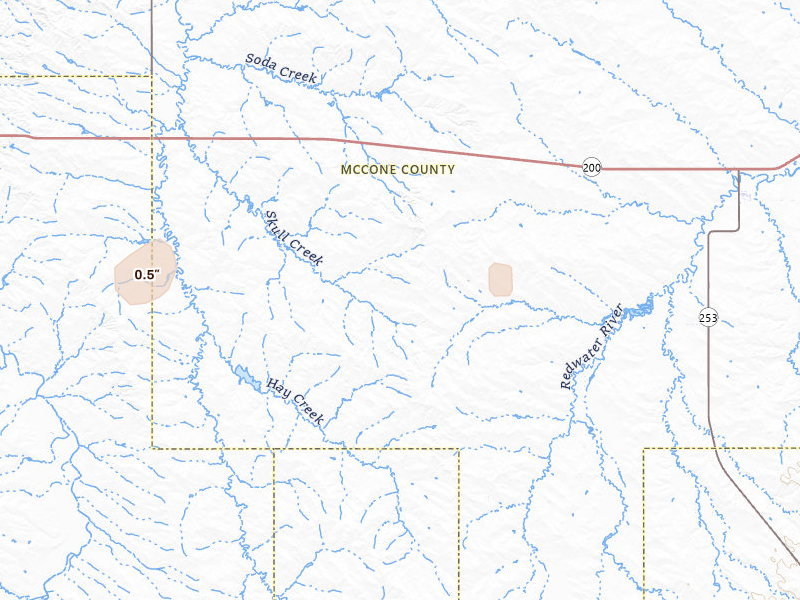 Radar-estimated hail-size map of the storm over Brockway, MT on Jul 1, 2026