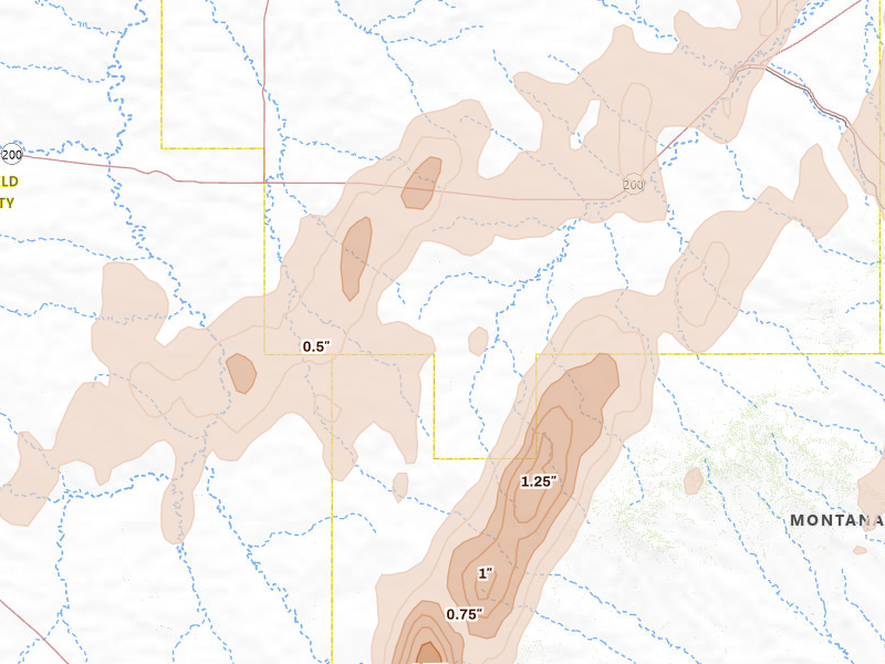 Radar-estimated hail-size map of the storm over Brockway, MT on Sep 2, 2026