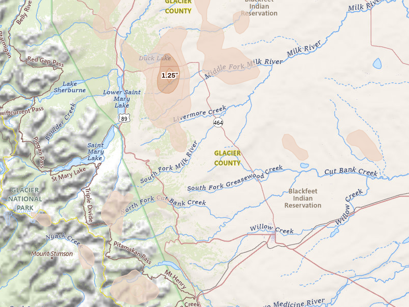 Radar-estimated hail-size map of the storm over Browning, MT on May 28, 2026