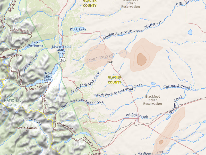 Radar-estimated hail-size map of the storm over Browning, MT on Jul 16, 2026