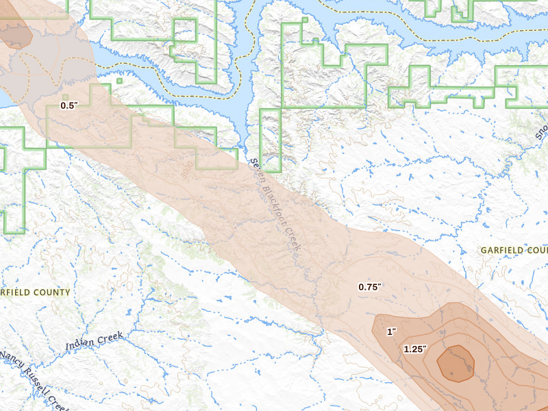 Radar-estimated hail-size map of the storm over Brusett, MT on Aug 17, 2026