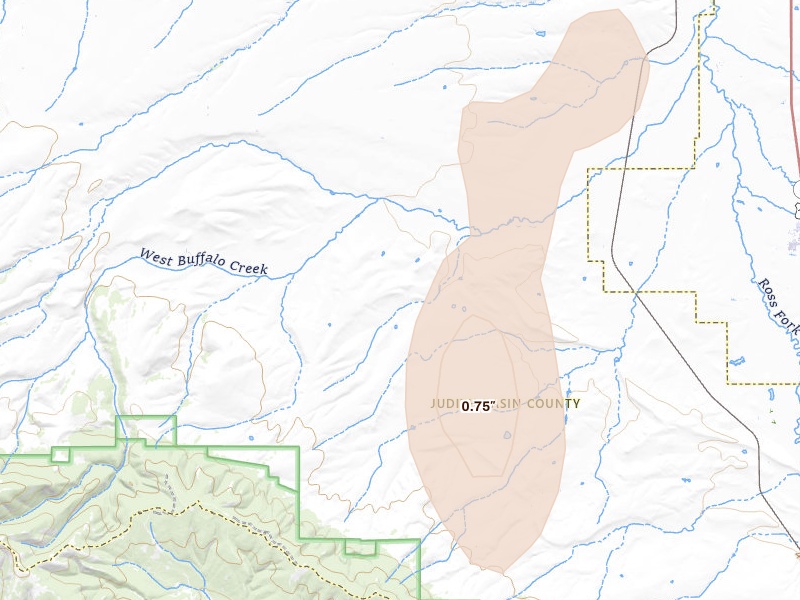 Radar-estimated hail-size map of the storm over Buffalo, MT on May 28, 2026