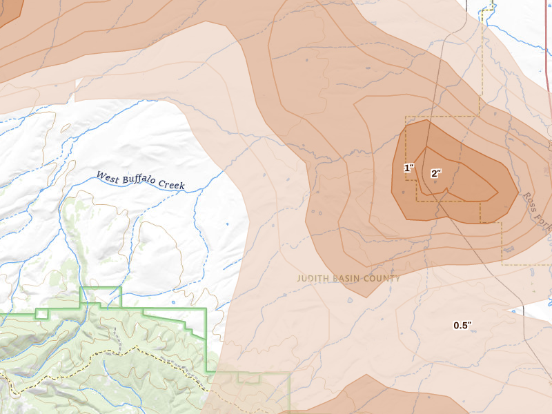 Radar-estimated hail-size map of the storm over Buffalo, MT on Jul 16, 2026