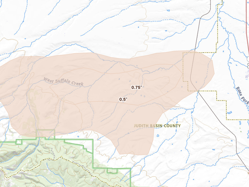 Radar-estimated hail-size map of the storm over Buffalo, MT on Jul 23, 2026