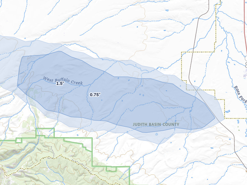 NEXRAD radar-signature map of the hail storm over Buffalo, MT on Jul 23, 2026