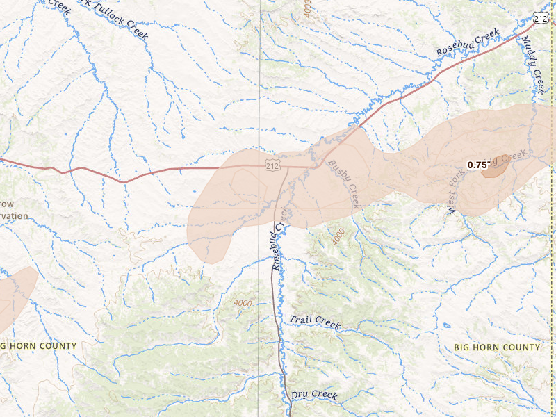 Radar-estimated hail-size map of the storm over Busby, MT on Jun 1, 2026