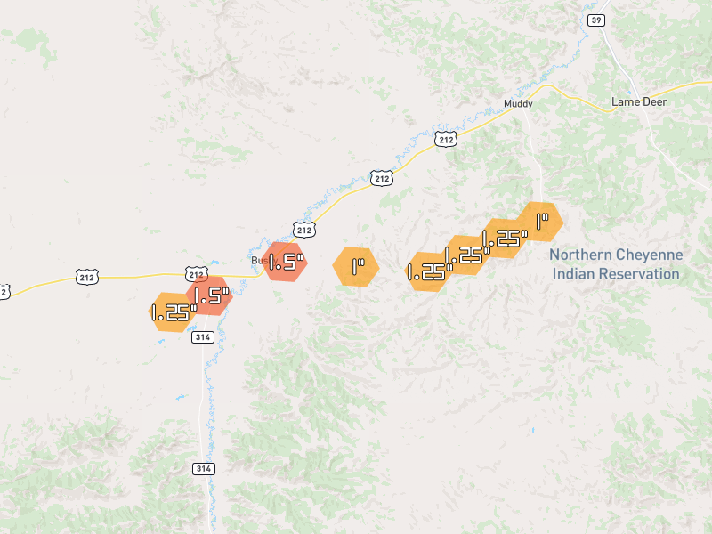 Hail map of Busby, MT on Jun 1, 2026, hail up to 1.5"