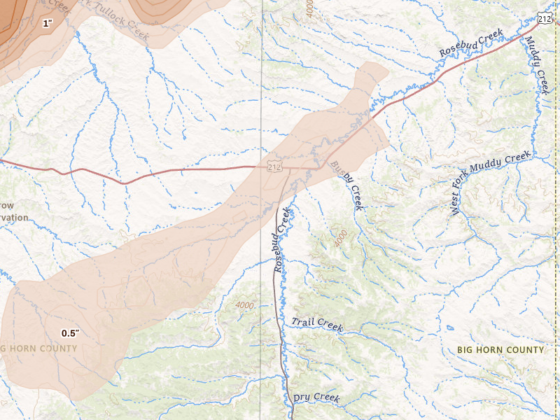 Radar-estimated hail-size map of the storm over Busby, MT on Jun 27, 2026