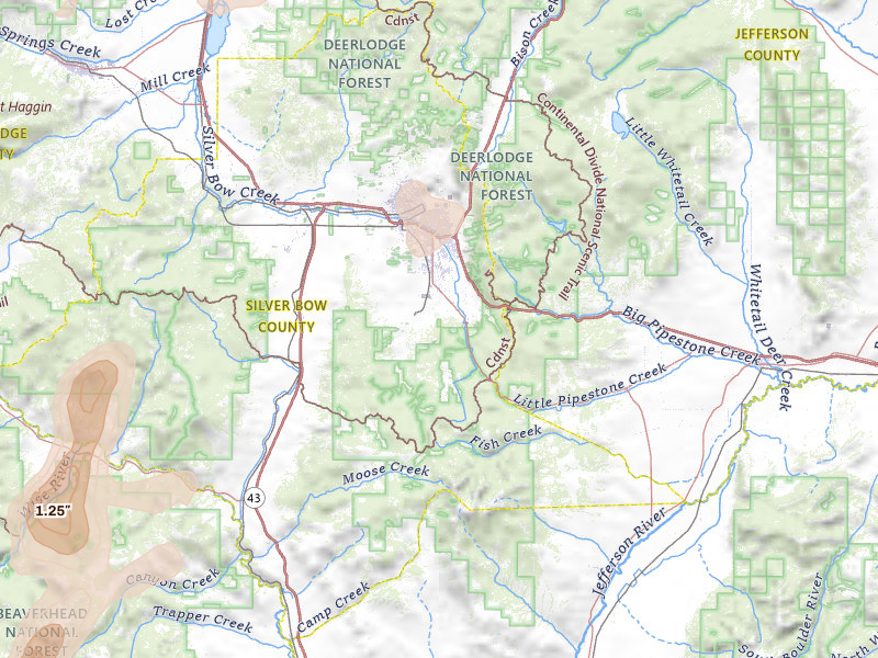 Radar-estimated hail-size map of the storm over Butte, MT on Jul 16, 2026