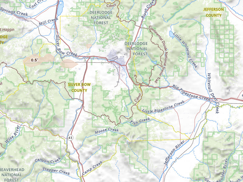 Radar-estimated hail-size map of the storm over Butte, MT on Jul 23, 2026