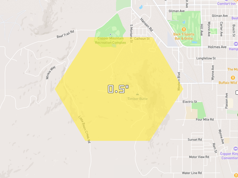 Hail map of Butte, MT on Jul 25, 2026, hail up to 0.5"