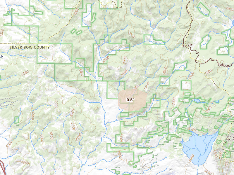 Radar-estimated hail-size map of the storm over Butte, MT on Aug 13, 2026