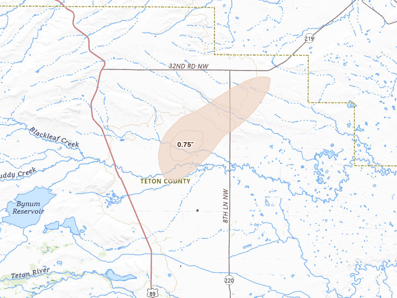 Radar-estimated hail-size map of the storm over Bynum, MT on Aug 29, 2026