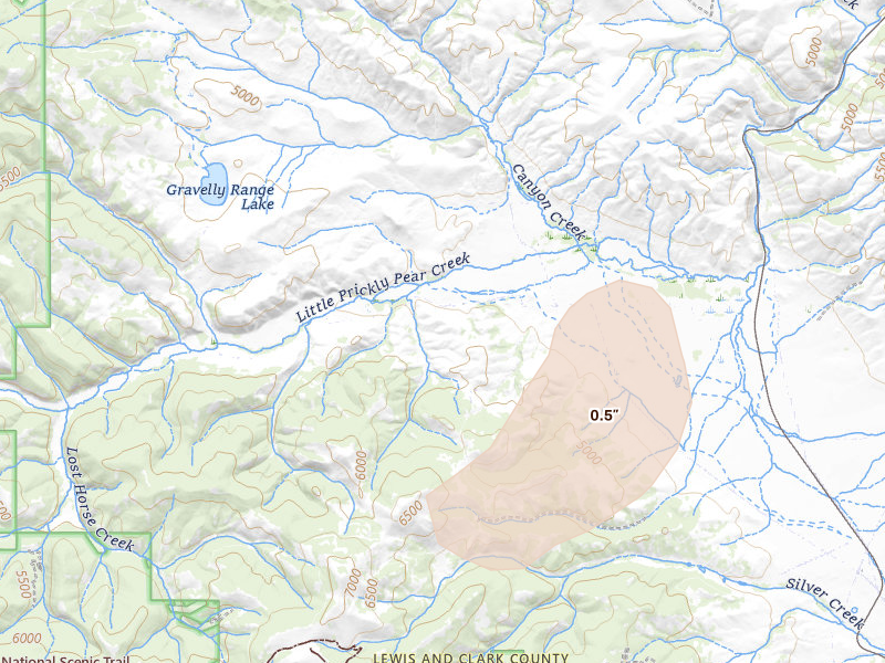 Radar-estimated hail-size map of the storm over Canyon Creek, MT on Aug 29, 2026