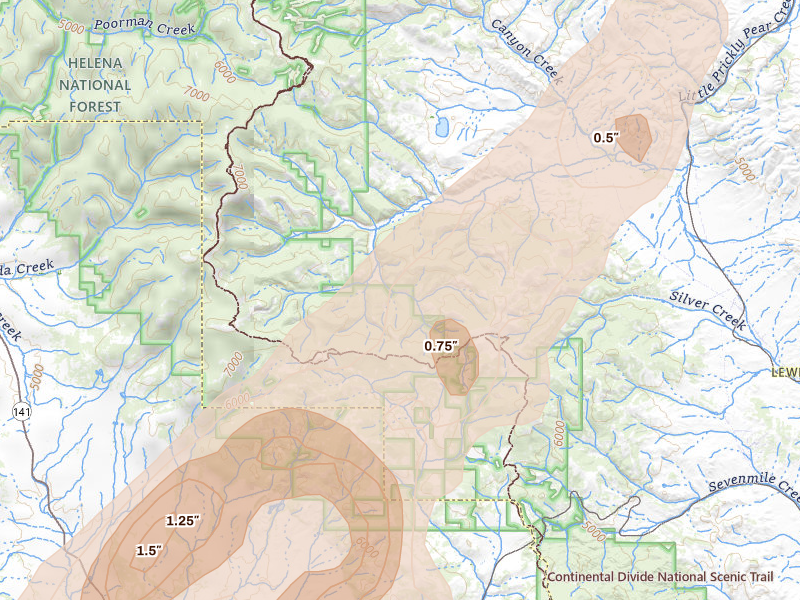 Radar-estimated hail-size map of the storm over Canyon Creek, MT